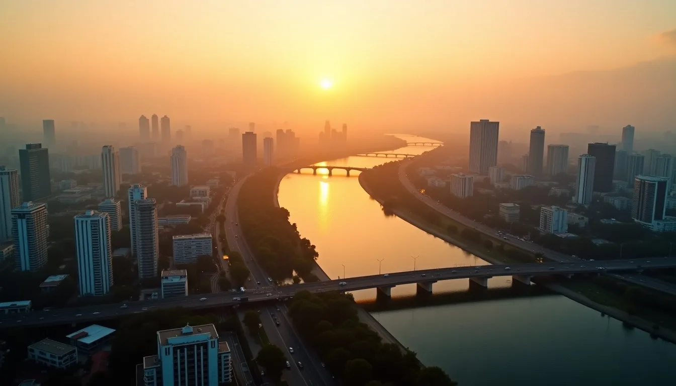 Sunrise over the Han river and the Da Nang skyline