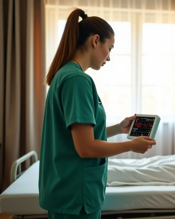 A nurse checks a patient's vitals on a tablet during a home visit