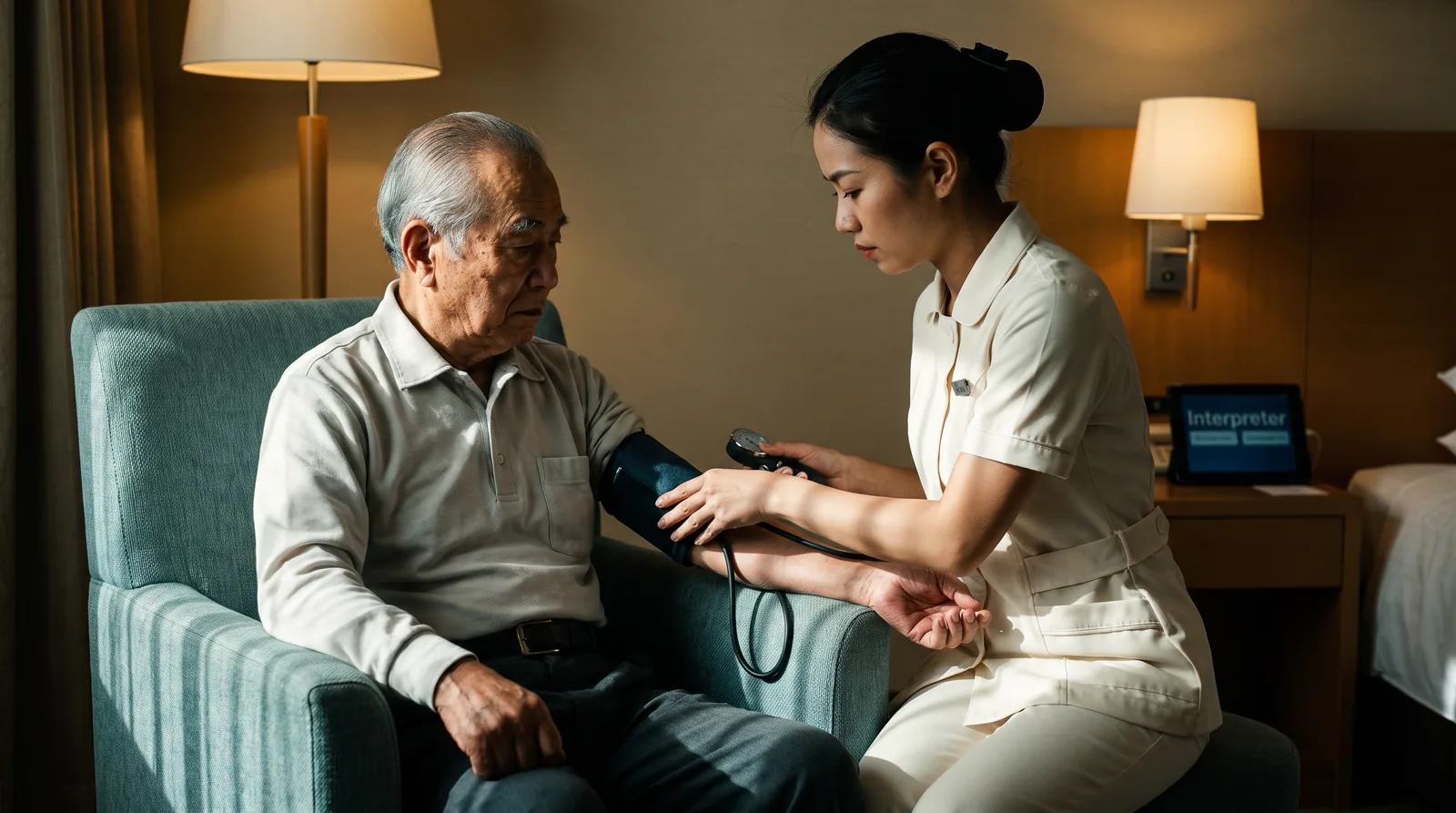 A nurse checks an older traveller's blood pressure in a hotel room